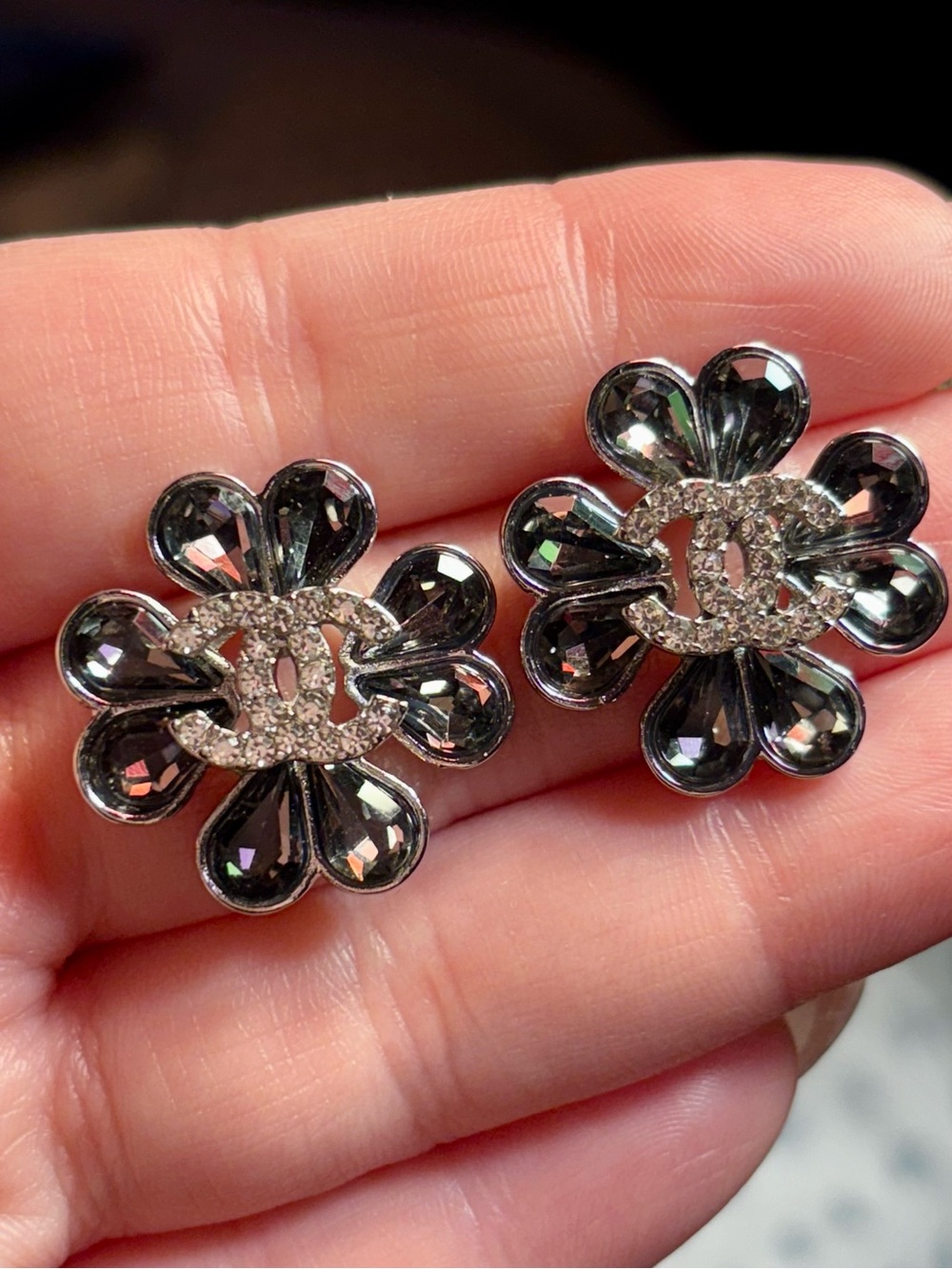 New Black Crystal Flower Clip-On Earrings with Pavé CC